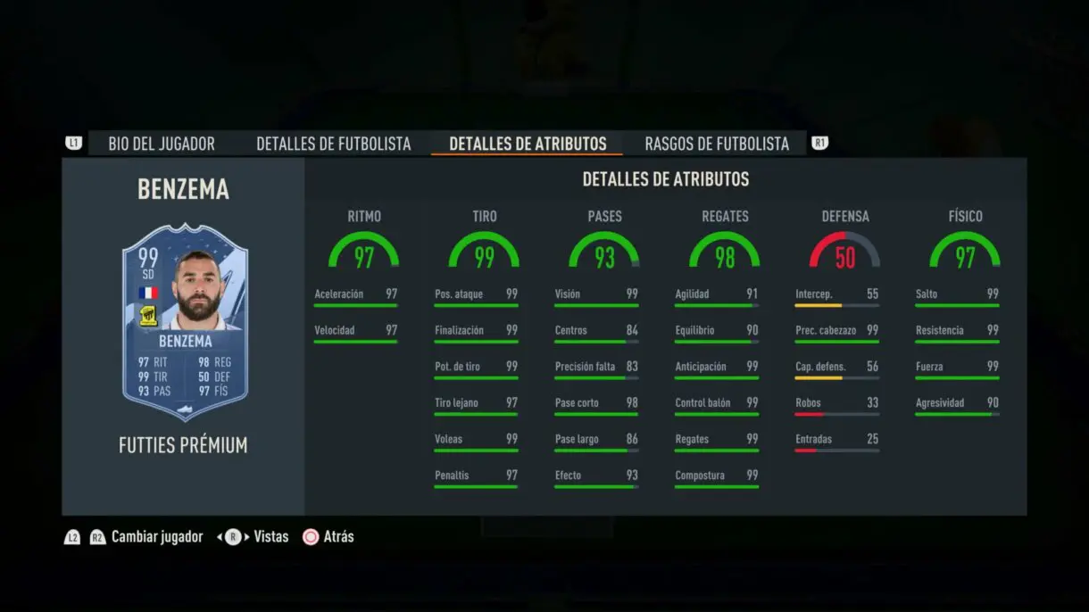 Stats in game Benzema FUTTIES Prémium FIFA 23 Ultimate Team