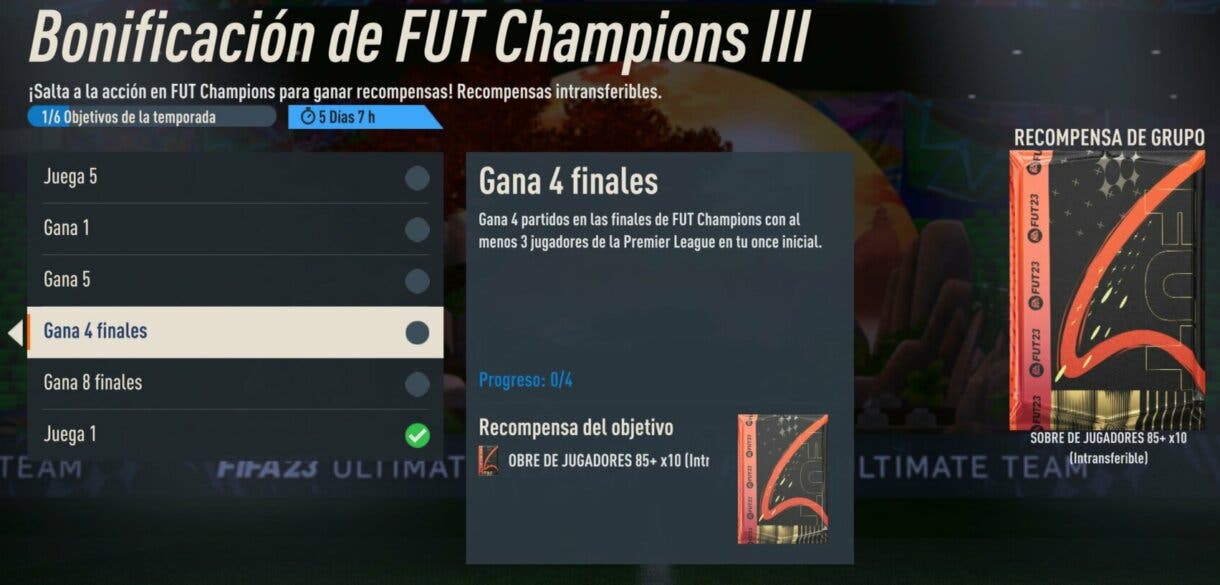 Objetivos Bonificación de FUT Champions III mostrando el reto de Gana 4 finales (que ahora es diferente) FIFA 23 Ultimate Team