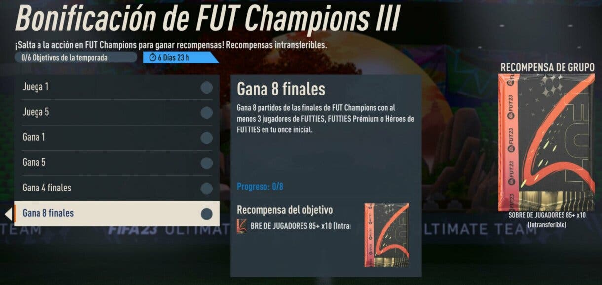 Objetivos Bonificación de FUT Champions III mostrando el reto de Gana 8 finales FIFA 23 Ultimate Team