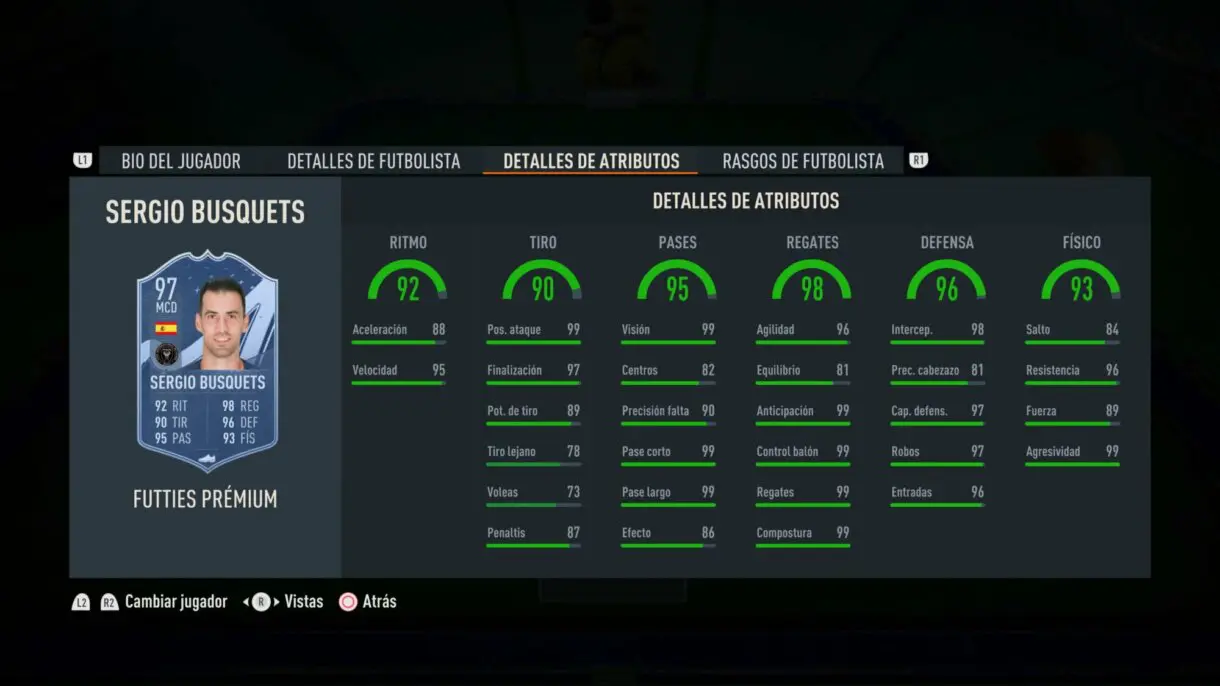 Stats in game Busquets FUTTIES Prémium FIFA 23 Ultimate Team