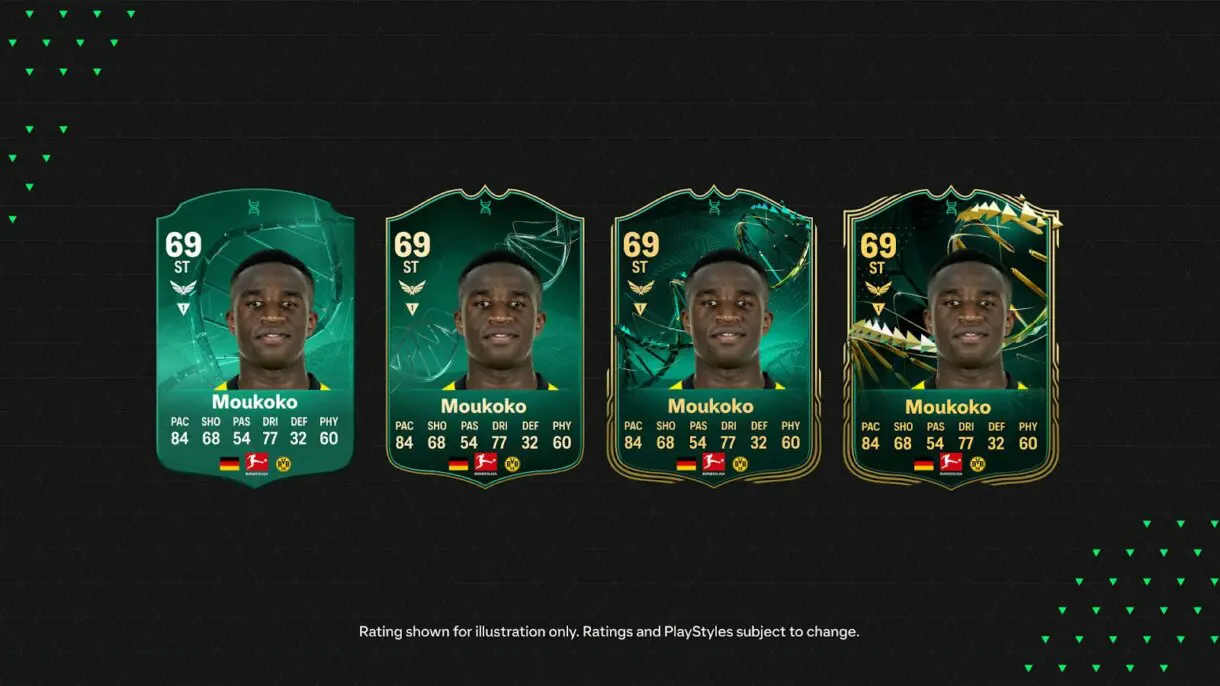 Ejemplo de diferentes tipos de cartas Evolutions en EA Sports FC 24 Ultimate Team mostrando a Moukoko