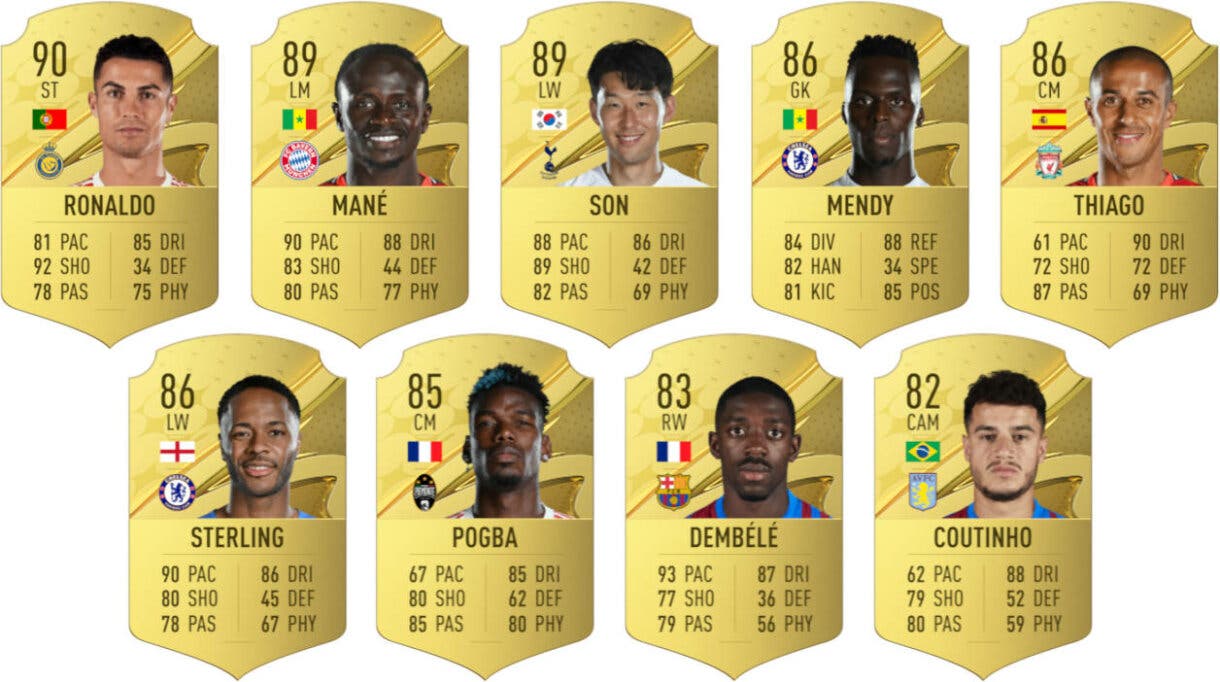 Cartas oro FIFA 23 Ultimate Team Ronaldo, Mané, Son, Mendy, Thiago, Sterling, Pogba, Dembélé y Coutinho
