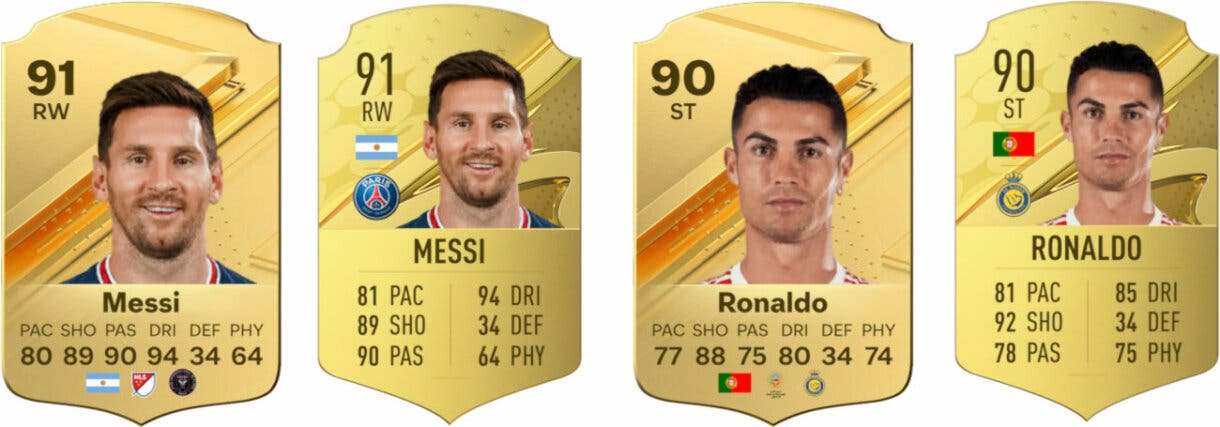Comparativa cartas Ultimate Team Messi y Cristiano Ronaldo FIFA 23 y EA Sports FC 24 beta (según lo filtrado)