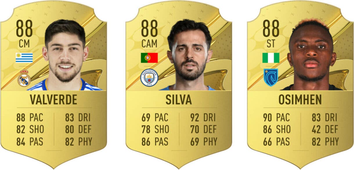 Cartas oro Valverde, Bernardo Silva y Osimhen con diseño de FIFA 23 Ultimate Team pero números filtrados de EA Sports FC 24