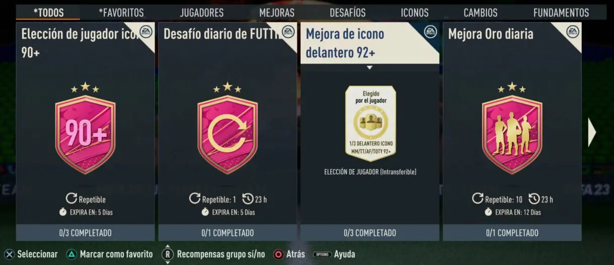 Menú de SBC, apartado todos mostrando la Mejora de icono delantero 92+ FIFA 23 Ultimate Team