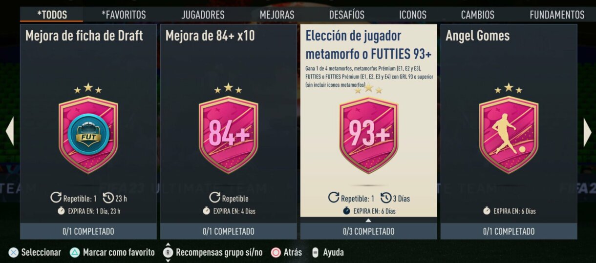 Apartado TODOS de los SBC de FIFA 23 Ultimate Team mostrando la Elección de jugador metamorfo o FUTTIES 93+