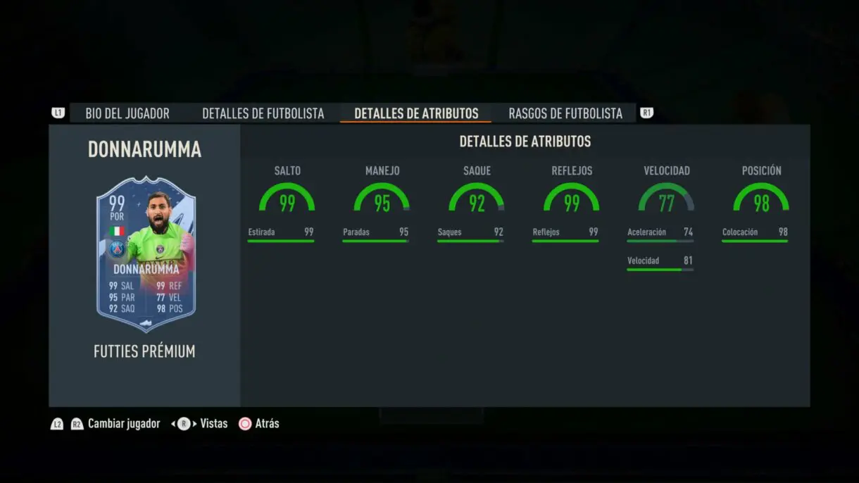 Stats in game Donnarumma FUTTIES Prémium FIFA 23 Ultimate Team