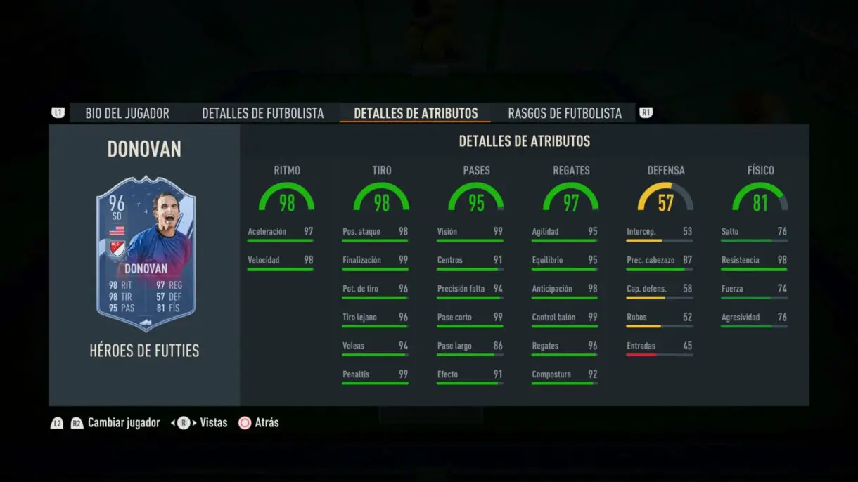Stats in game Donovan Heroes del FUTTIES FIFA 23 Ultimate Team