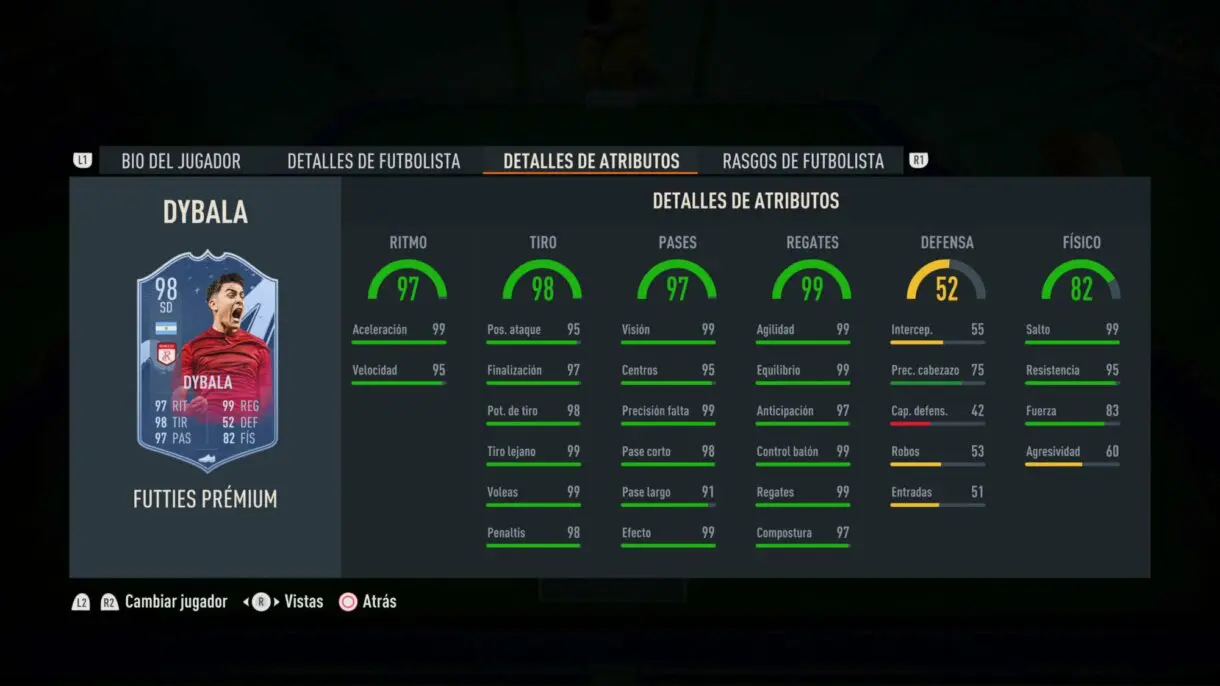 Stats in game Dybala FUTTIES Prémium FIFA 23 Ultimate Team