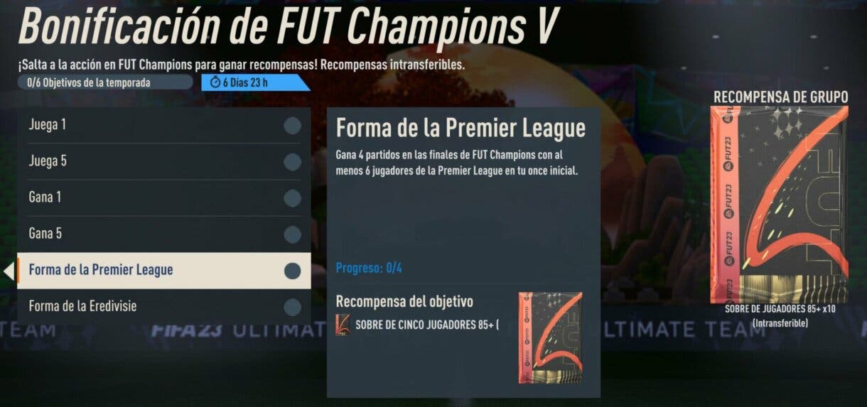Objetivos Bonificación de FUT Champions V FIFA 23 Ultimate Team mostrando el objetivo Forma de la Premier League