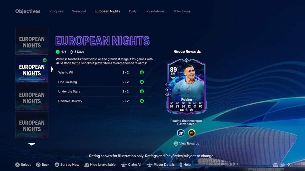Menú objetivos EA Sports FC 24 con un apartado de Noches Europeas (aunque es un ejemplo, no oficial)