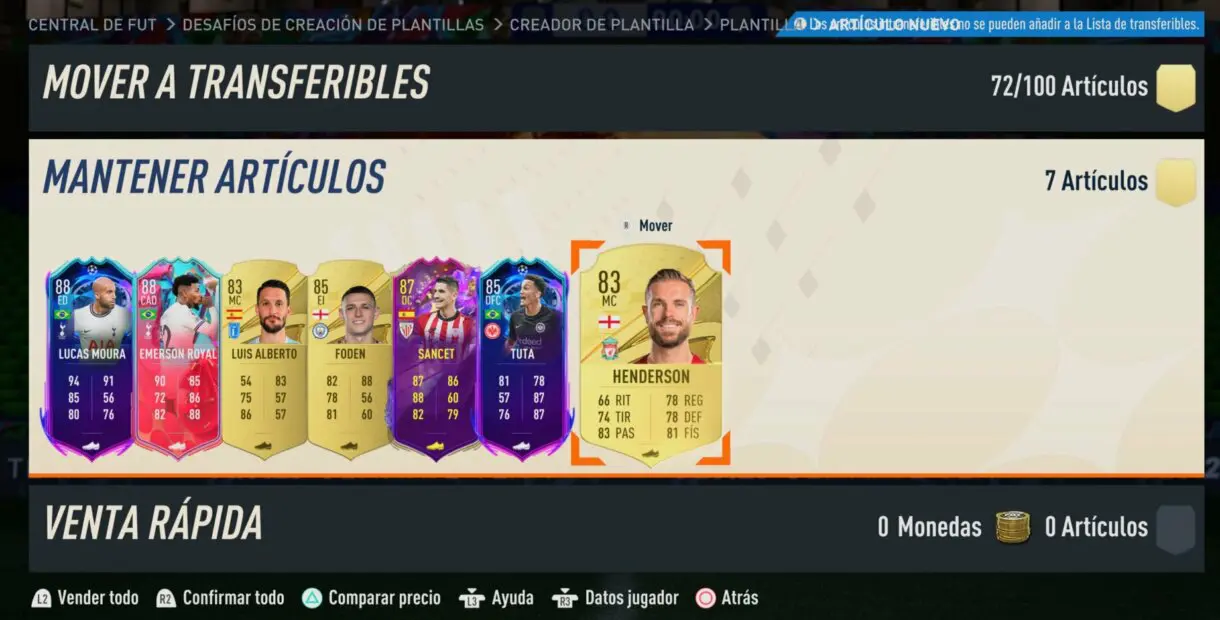 Siete cartas sin asignar en FIFA 23 Ultimate Team (son el resultado de siete player picks +80)