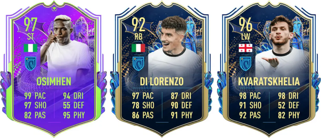 Cartas Osimhen Award Winners y Di Lorenzo y Kvaratskhelia TOTS (Napoli) FIFA 23 Ultimate Team