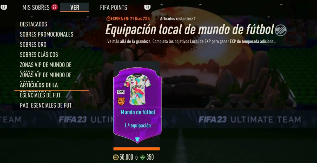 Tienda FIFA 23 Ultimate Team, sección Artículos de la Temporada mostrando la Equipación local de mundo de fútbol.