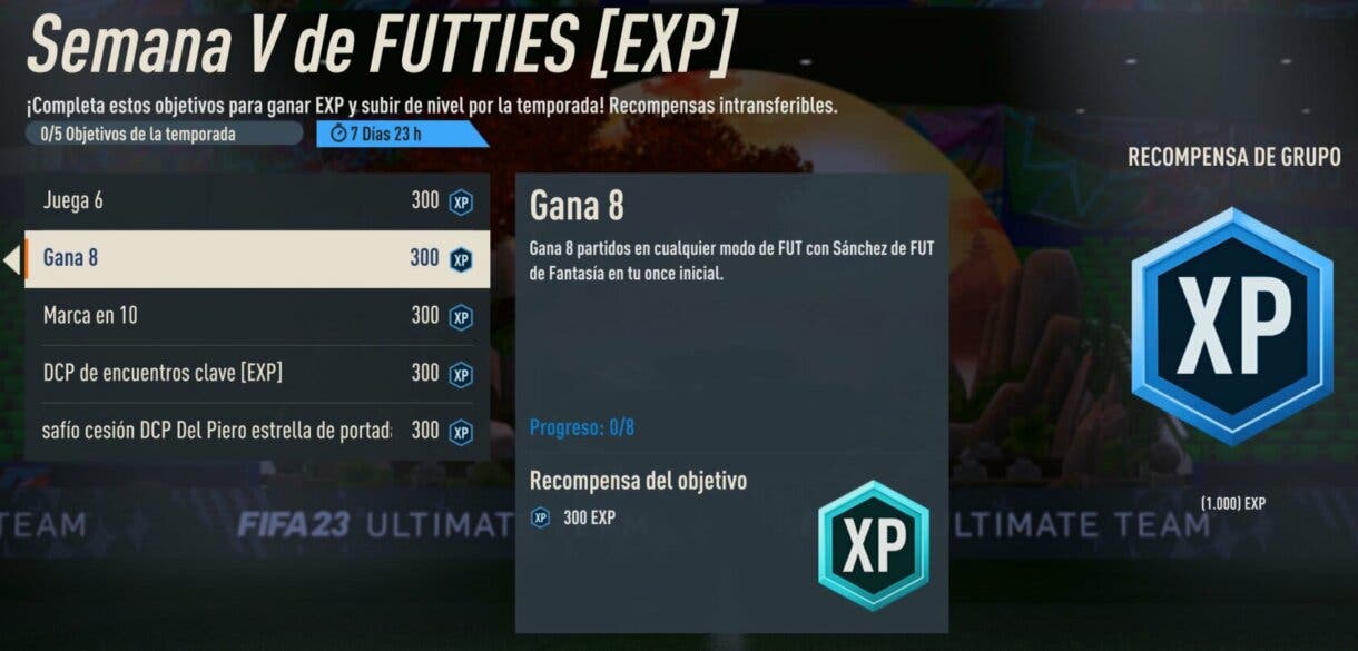 Objetivos Semana V de FUTTIES (EXP) mostrando la descripción de Gana 8 FIFA 23 Ultimate Team