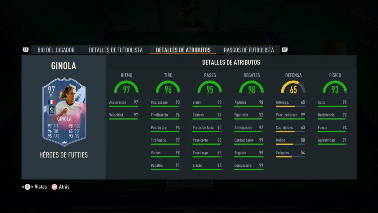 Stats in game Ginola Héroes del FUTTIES FIFA 23 Ultimate Team