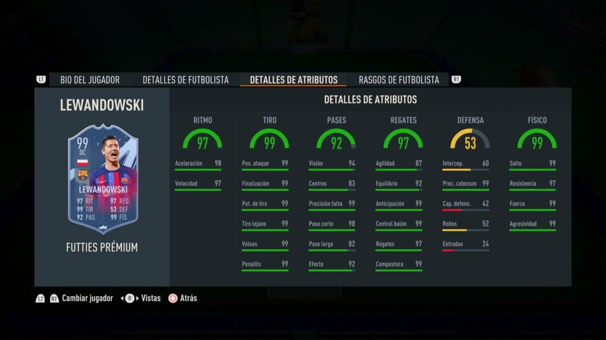 Stats in game Lewandowski FUTTIES Prémium FIFA 23 Ultimate Team