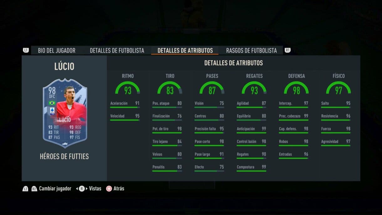 Stats in game Lúcio Héroes del FUTTIES FIFA 23 Ultimate Team