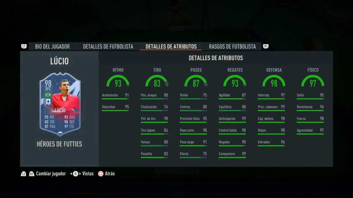 Stats in game Lúcio Héroes del FUTTIES FIFA 23 Ultimate Team