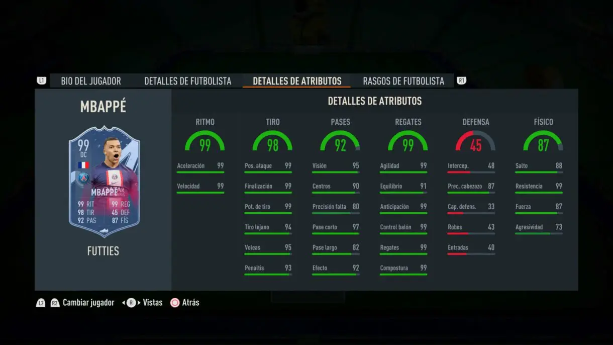 Stats in game Mbappé FUTTIES FIFA 23 Ultimate Team