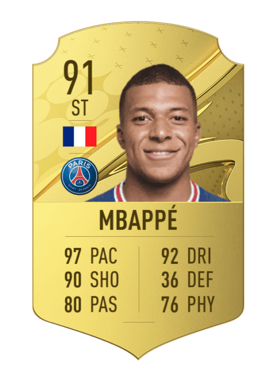 Carta oro Mbappé con diseño de FIFA 23 Ultimate Team pero números filtrados de EA Sports FC 24