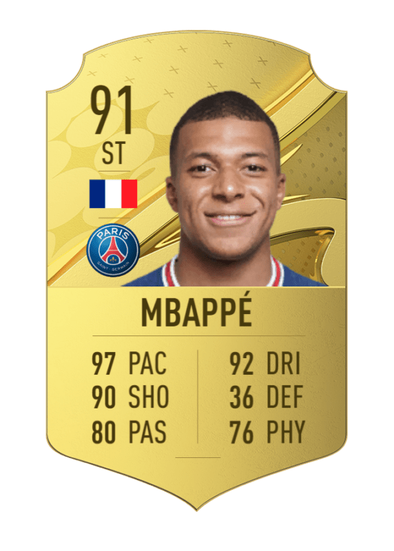 Carta oro Mbappé con diseño de FIFA 23 Ultimate Team pero números filtrados de EA Sports FC 24
