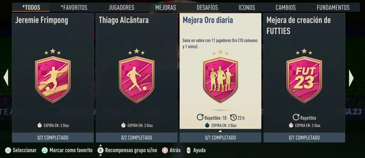 Menú todos SBC FIFA 23 Ultimate Team mostrando la Mejora Oro diaria