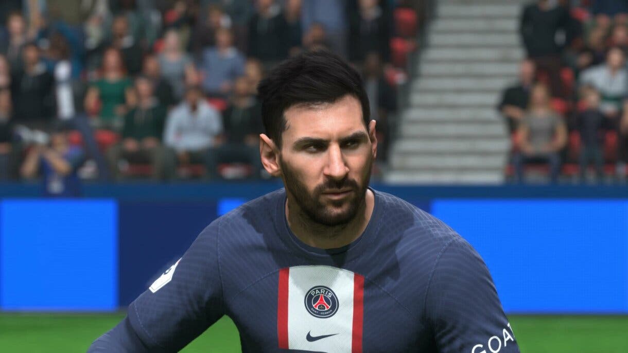 Imagen de partido rápido de FIFA 23 enfocando la cara de Messi