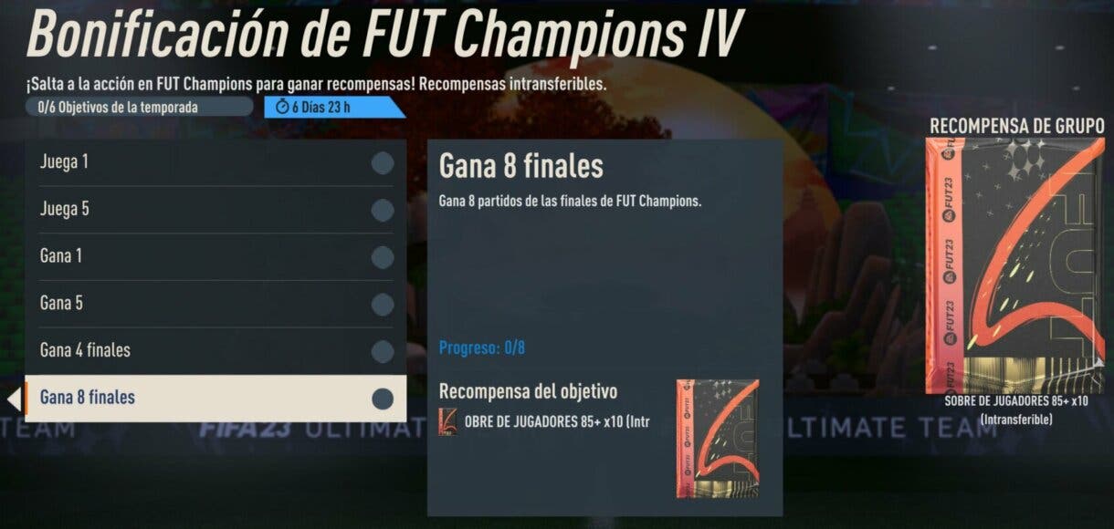 Objetivos Bonificación de FUT Champions IV mostrando el reto de Gana 8 finales FIFA 23 Ultimate Team