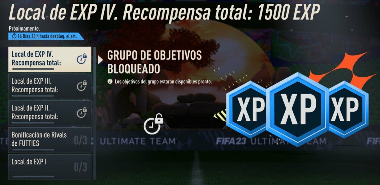 Menú general de objetivos FIFA 23 Ultimate Team mostrando los de Local de EXP