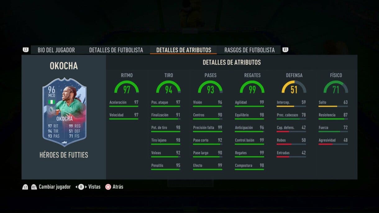 Stats in game Okocha Héroes del FUTTIES FIFA 23 Ultimate Team
