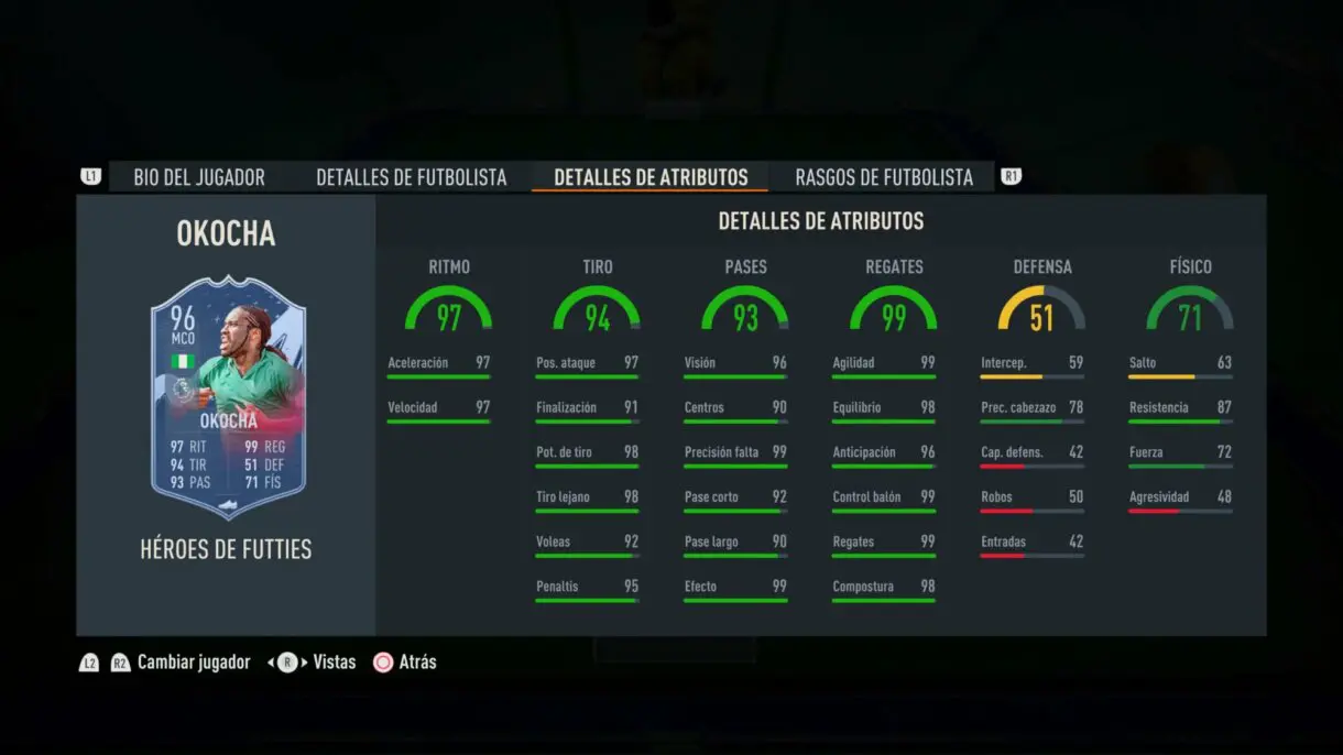 Stats in game Okocha Héroes del FUTTIES FIFA 23 Ultimate Team