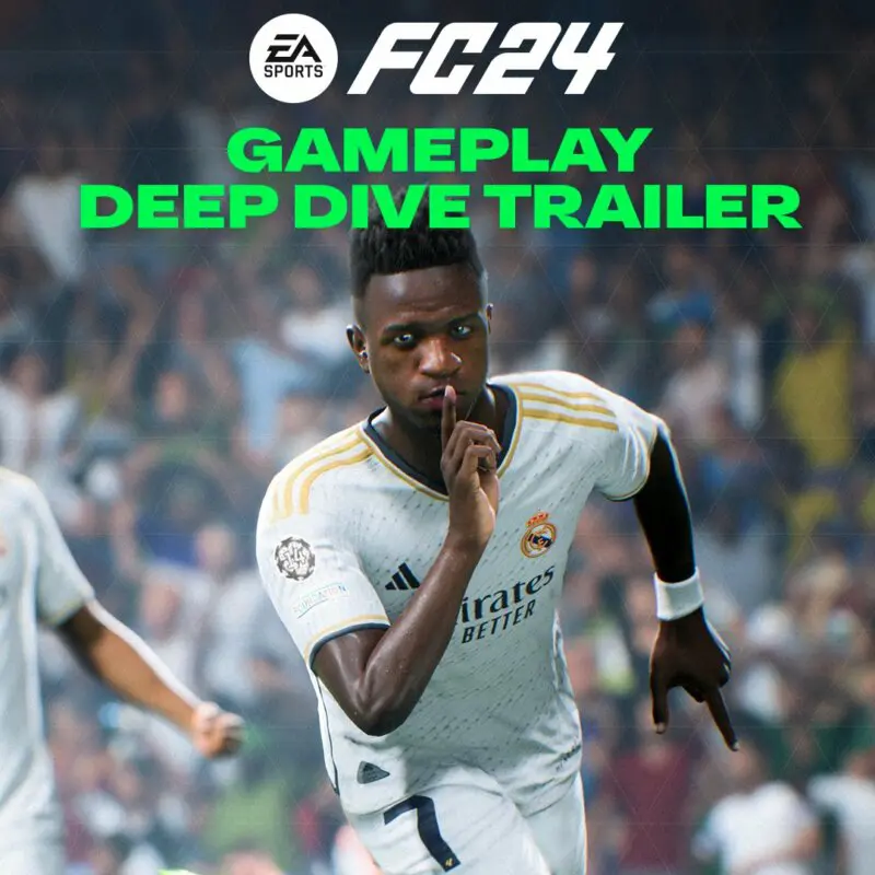 Portada anunciando el tráiler del análisis detallado del gameplay de EA Sports FC 24 con Vinícius mandando a callar
