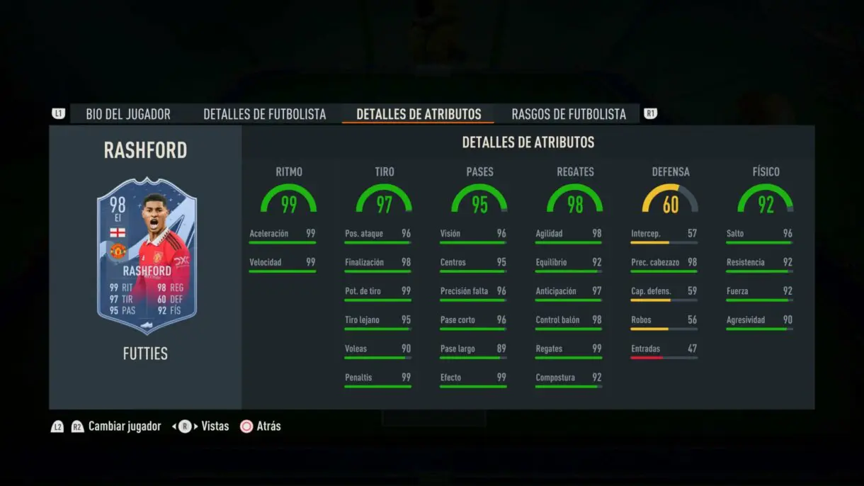 Stats in game Rashford FUTTIES FIFA 23 Ultimate Team