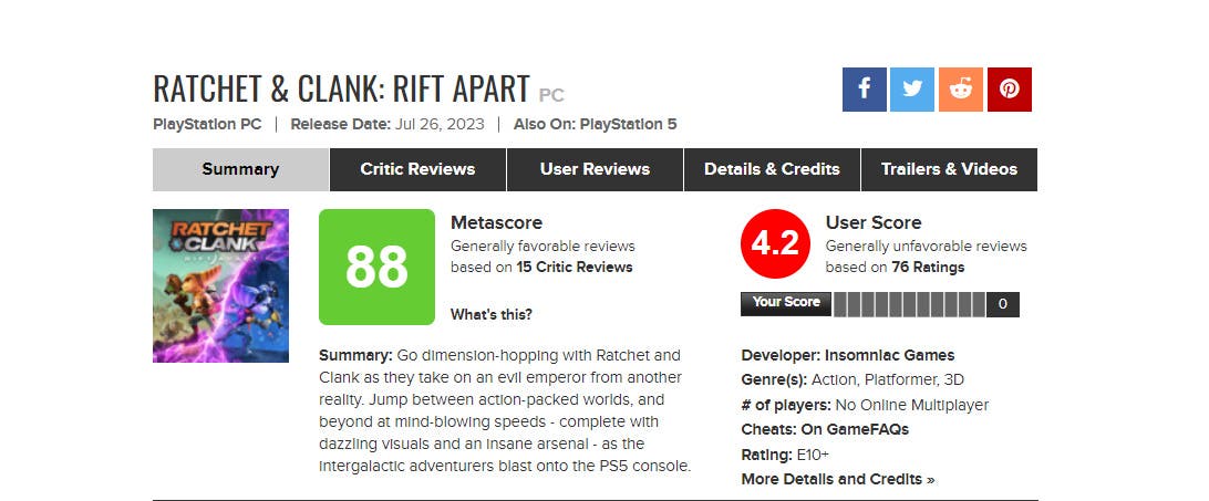 Metacritic - Ratchet & Clank: Rift Apart (PS5)
