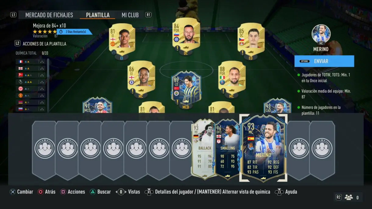 SBC Mejora de 84+ x10 con el equipo puesto y varias cartas de alta media en el banquillo FIFA 23 Ultimate Team