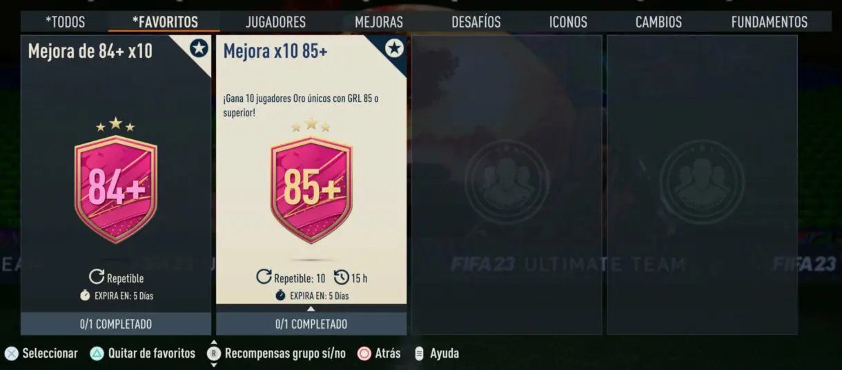 Apartado SBC´s favoritos FIFA 23 Ultimate Team mostrando las mejoras de diez +84 y +85