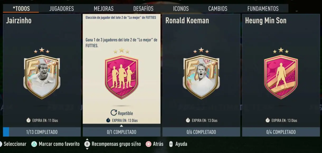 Apartado general de SBC de FIFA 23 Ultimate Team mostando el de Elección de jugador del lote 2 de "Lo mejor" de FUTTIES