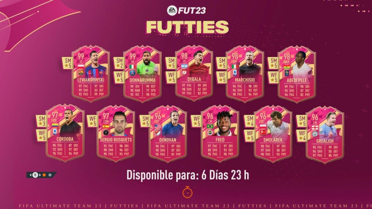 Pantalla de carga FIFA 23 Ultimate Team con todas las cartas del sexto equipo de FUTTIES.