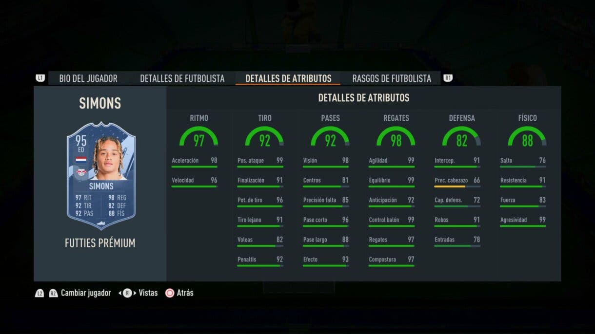 Stats in game Xavi Simons FUTTIES Prémium FIFA 23 Ultimate Team