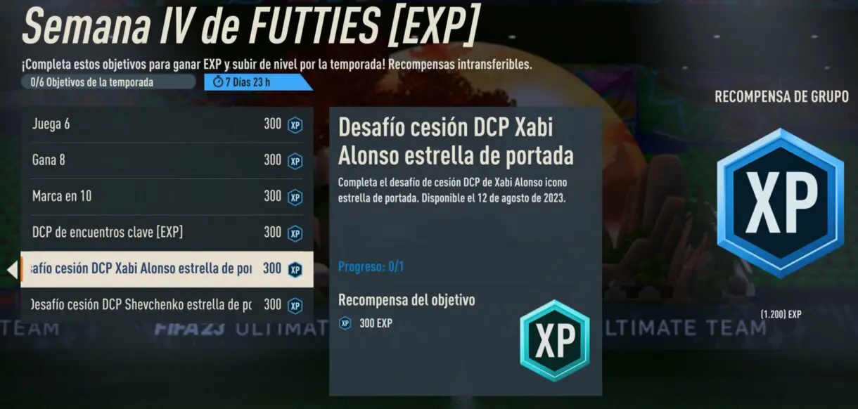 Objetivos Semana IV de FUTTIES FIFA 23 Ultimate Team mostrando el desafío relacionado con Xabi Alonso Icono Estrella de Portada