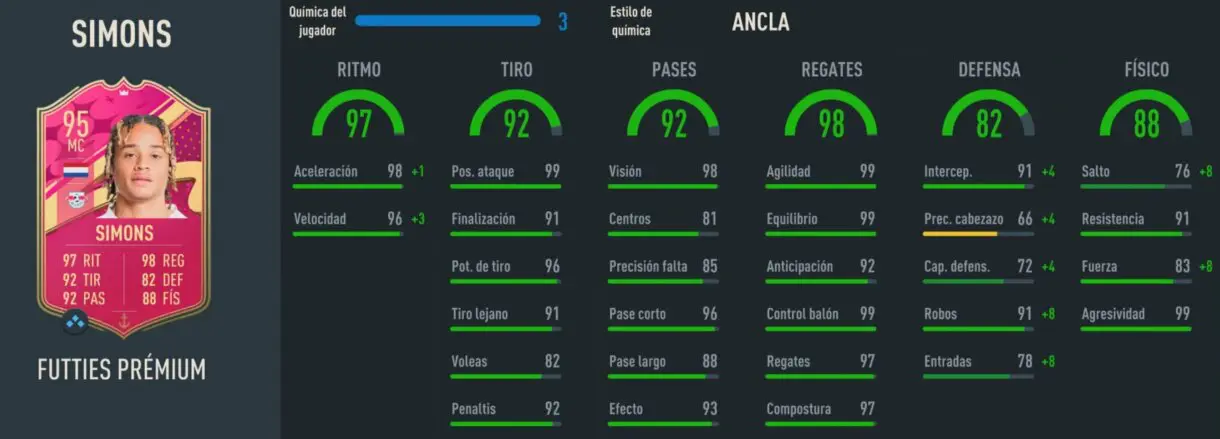 Stats in game Xavi Simons FUTTIES Prémium FIFA 23 Ultimate Team