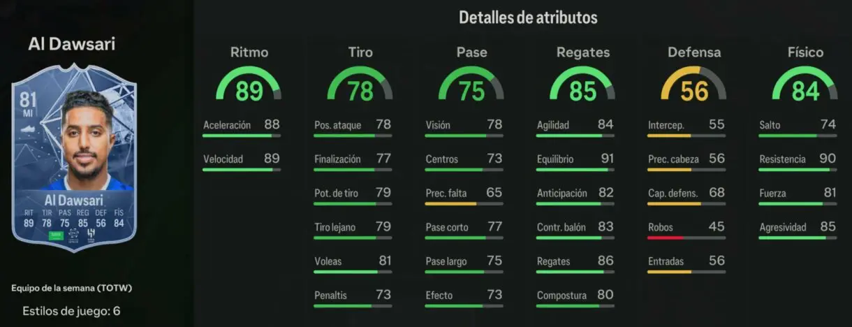 Stats in game Al Dawsari IF EA Sports FC 24 Ultimate Team