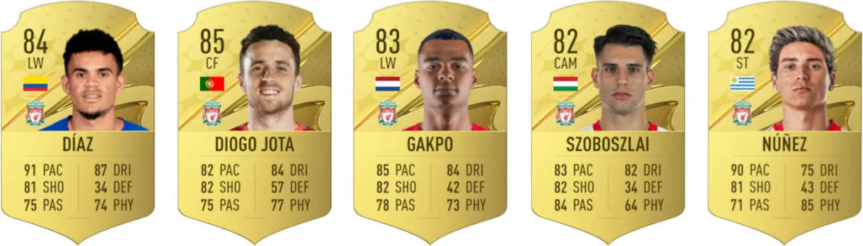 Cartas oro Díaz, Diogo Jota, Gakpo, Szoboszlai y Núñez con diseño de FIFA 23 Ultimate Team pero números filtrados de EA Sports FC 24