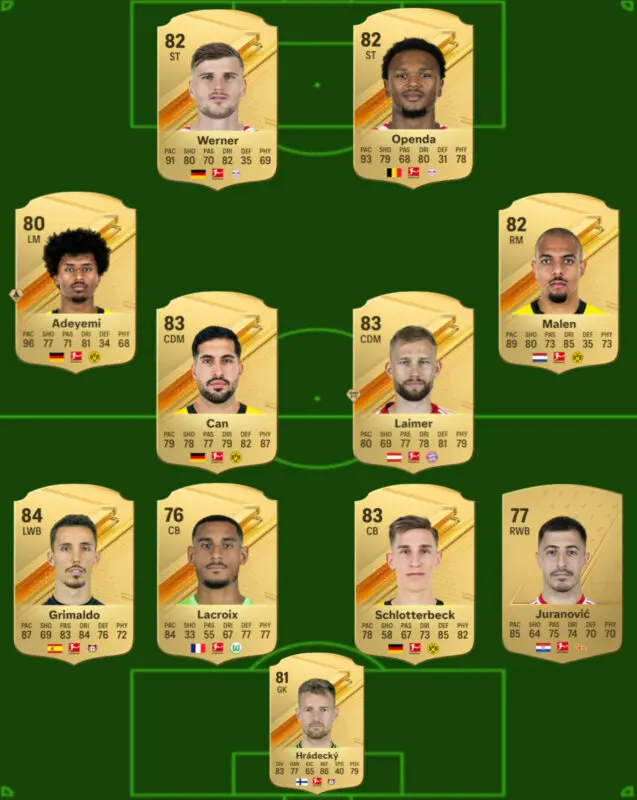 Once con las cartas oro de EA Sports FC 24 Ultimate Team de Hrádecký, Juranovic, Schlotterbeck, Lacroix, Grimaldo, Laimer, Emre Can, Malen, Adeyemi, Openda y Werner