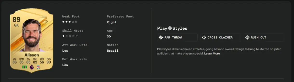 Carta, stats in game, info y PlayStyles de Alisson oro en EA Sports FC 24
