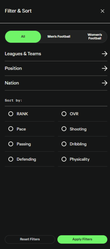 Filtros de la base de datos de EA Sports FC 24