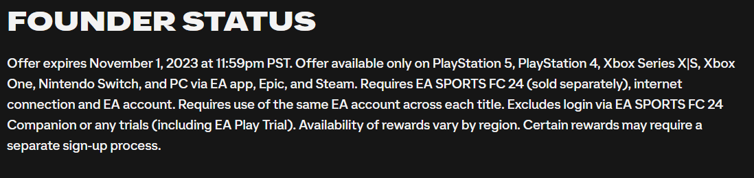 Captura de pantalla información sobre Founder Status de EA Sports FC desde la web de EA