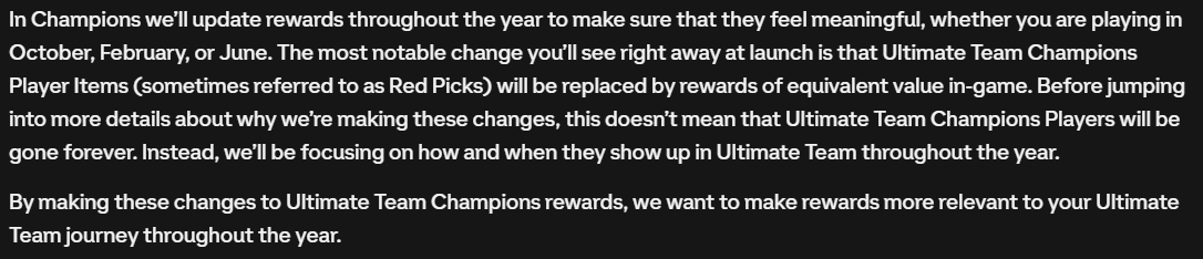 Captura de pantalla parte de las notas de campo de la actualización de salida de Ultimate Team donde hablan de por qué irán actualizando las recompensas en EA Sports FC 24