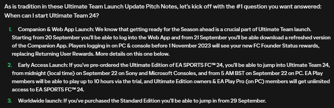 Captura de pantalla parte de las notas de campo de la actualización de salida de Ultimate Team donde hablan de las fechas de la Web App, la Companion App y del acceso anticipado de EA Sports FC 24